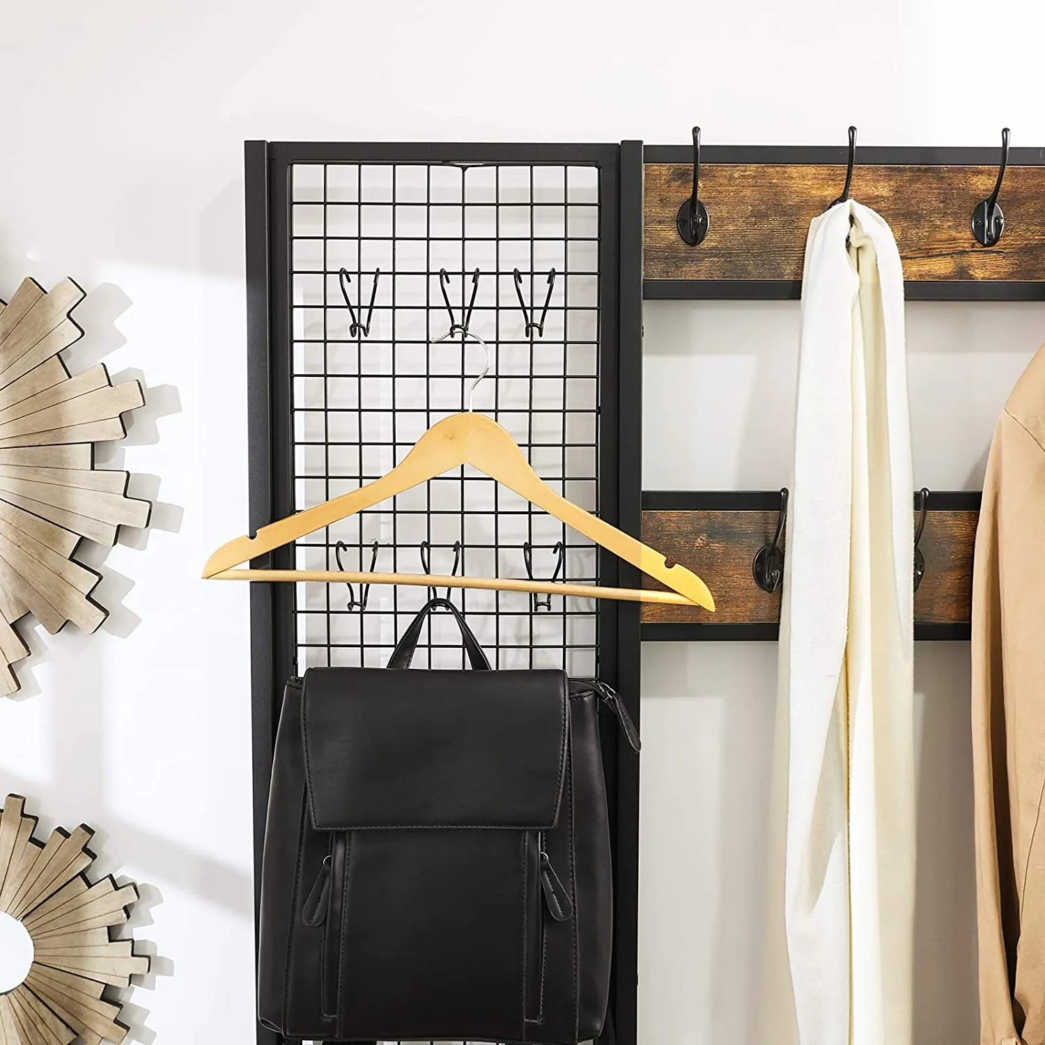 Coat Rack Stand Industrial Style with Grid Wall and Shoe storage 185 cm Tall Rustic Brown