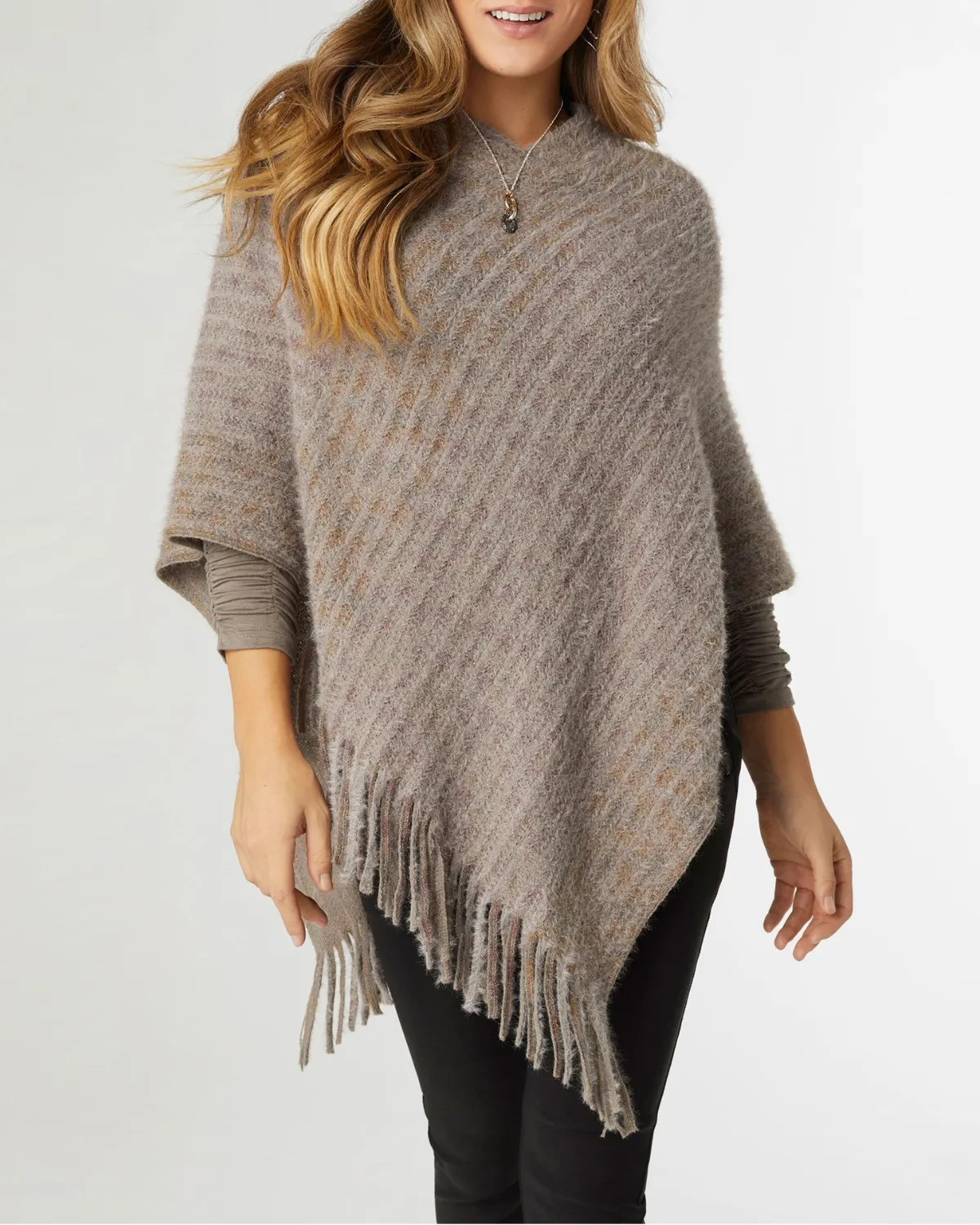 Coco and Carmen Rylee Striped Poncho with Fringe - 2439045 - Cement