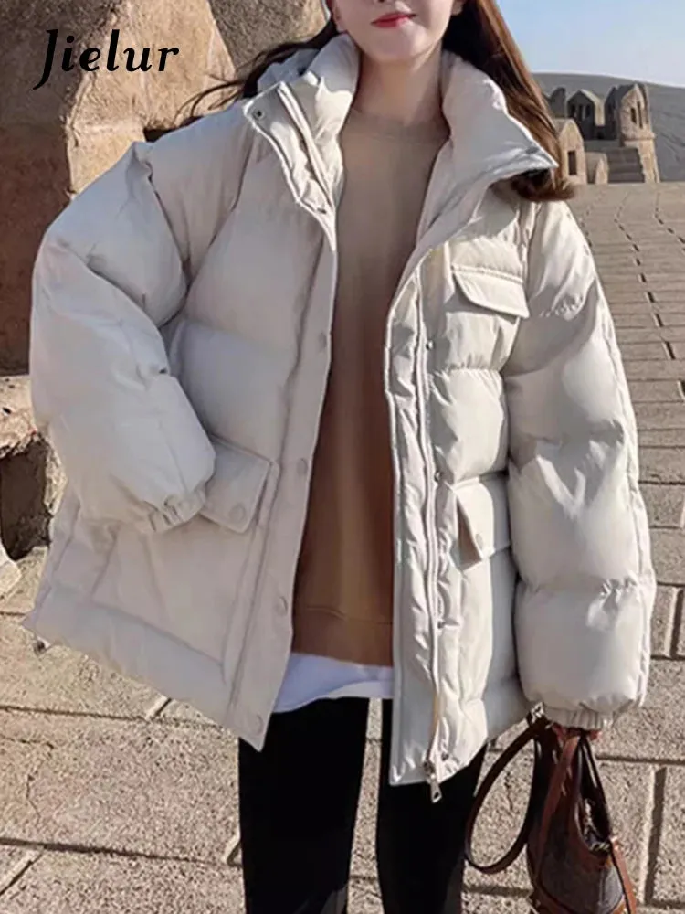 Coffee Winter Zipper Loose Down Jackets Women Casual Thick Warm White Parkas Solid Color Korean Hooded Down Cotton Coats