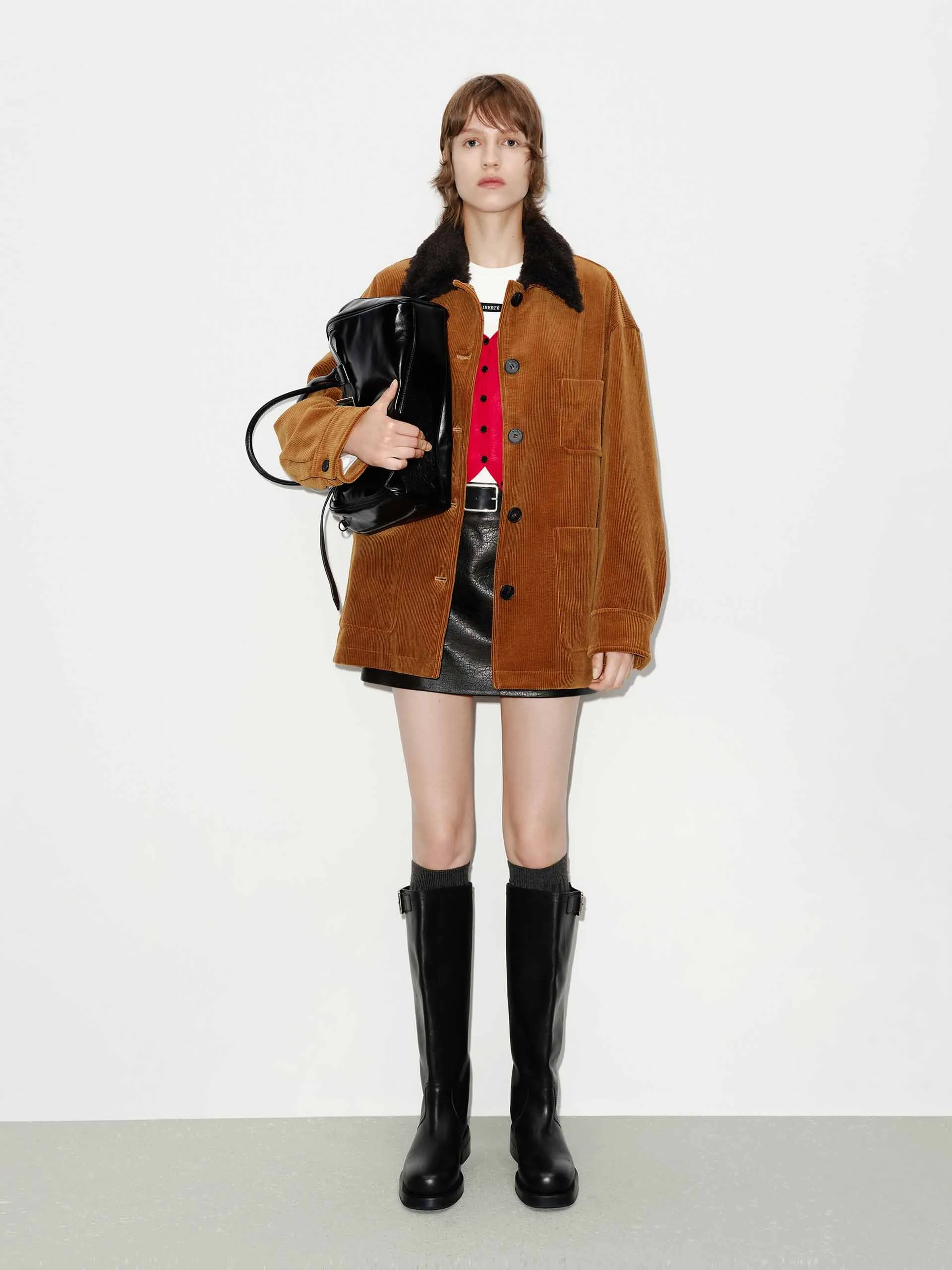 Contrast Collar Corduroy Coat