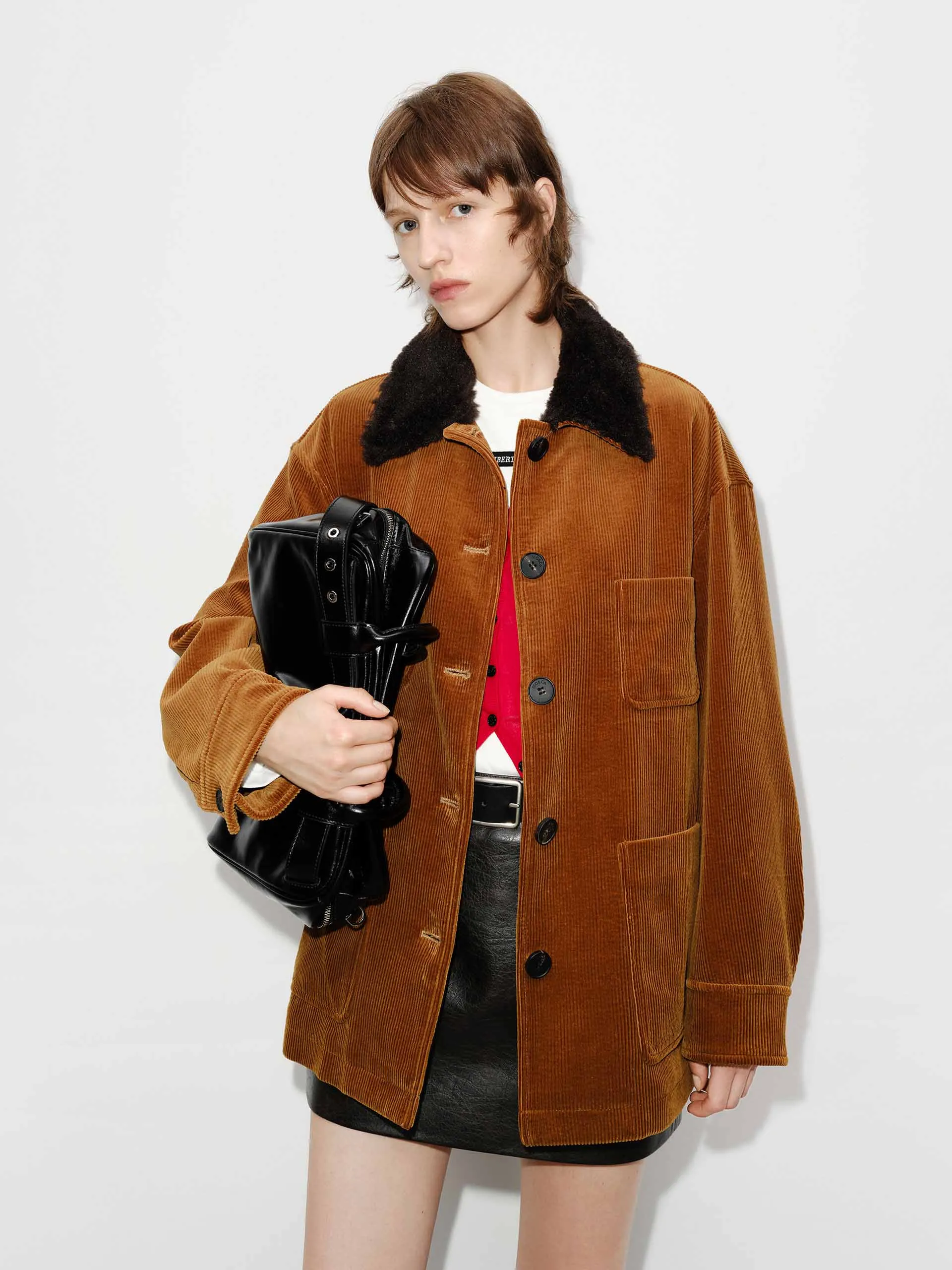 Contrast Collar Corduroy Coat