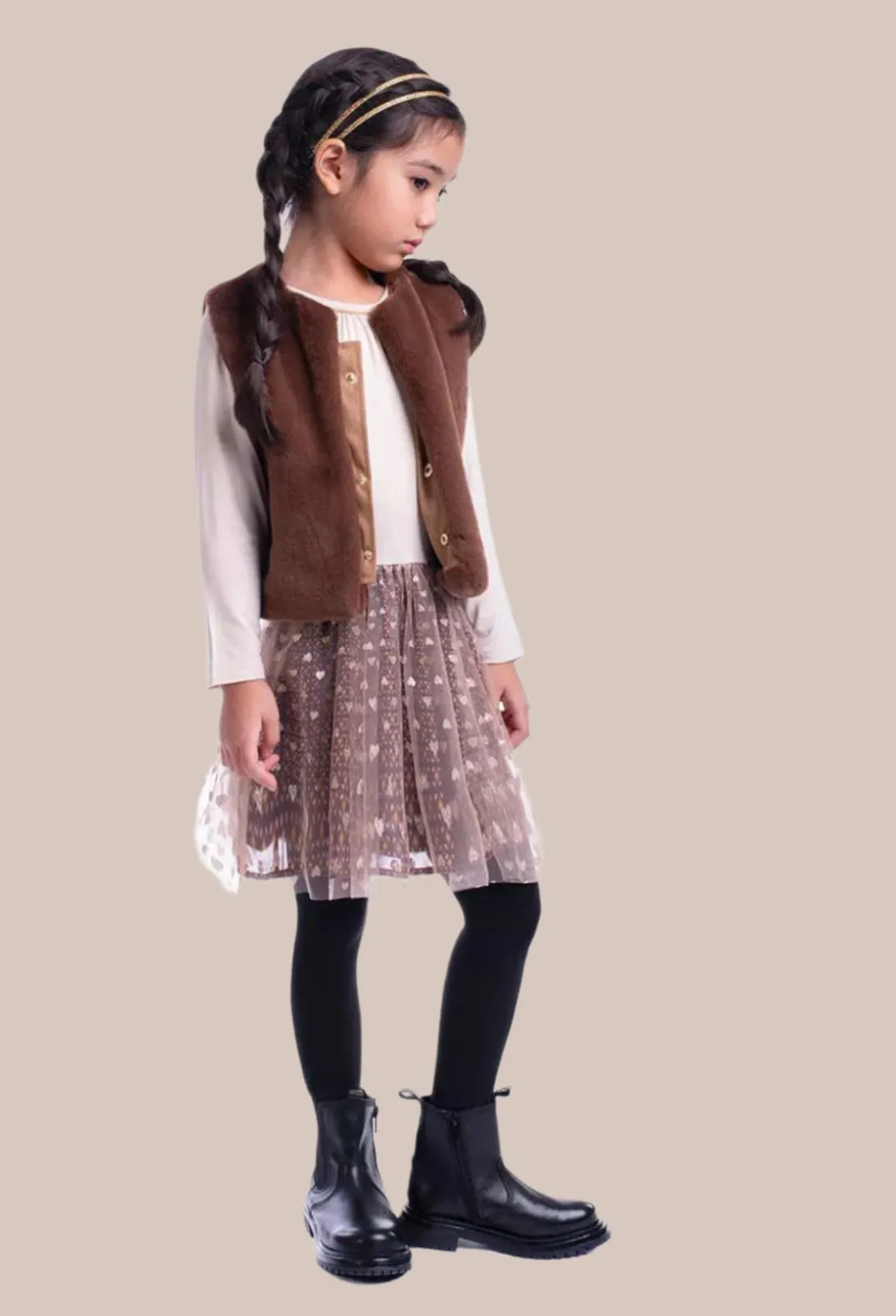 Eva Girls Faux Fur Vest - OAK BROWN