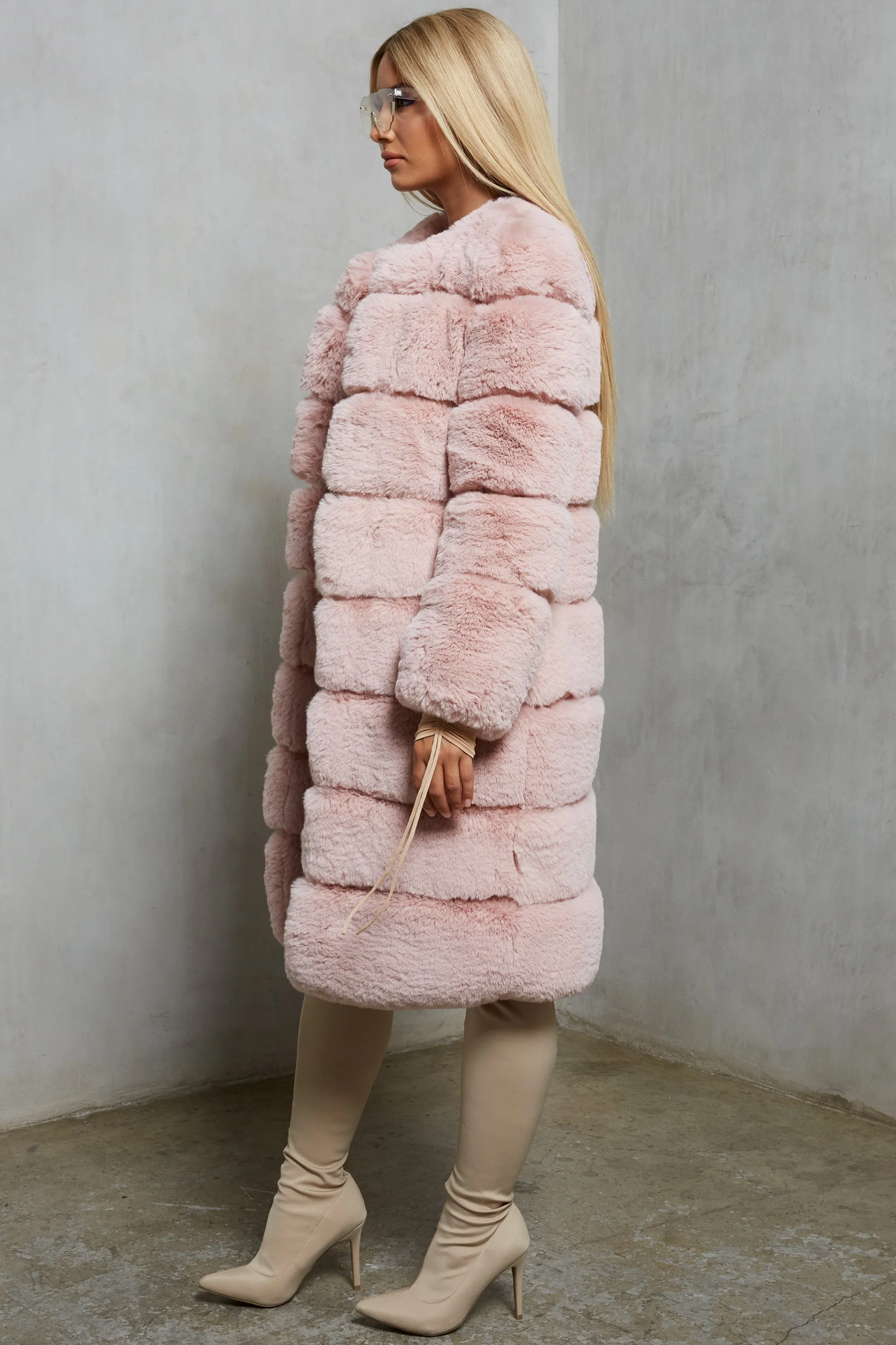 Executive Longline Panel Faux Fur Coat in Blush