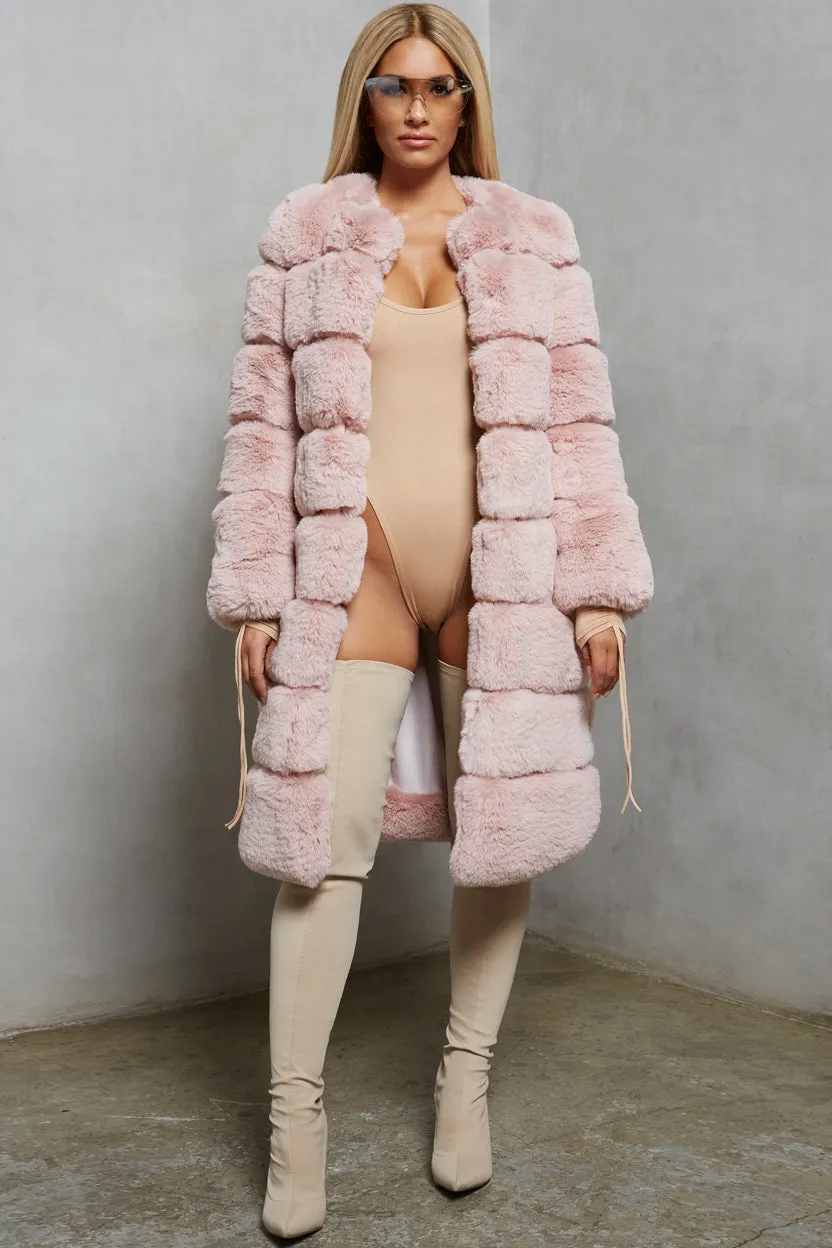 Executive Longline Panel Faux Fur Coat in Blush