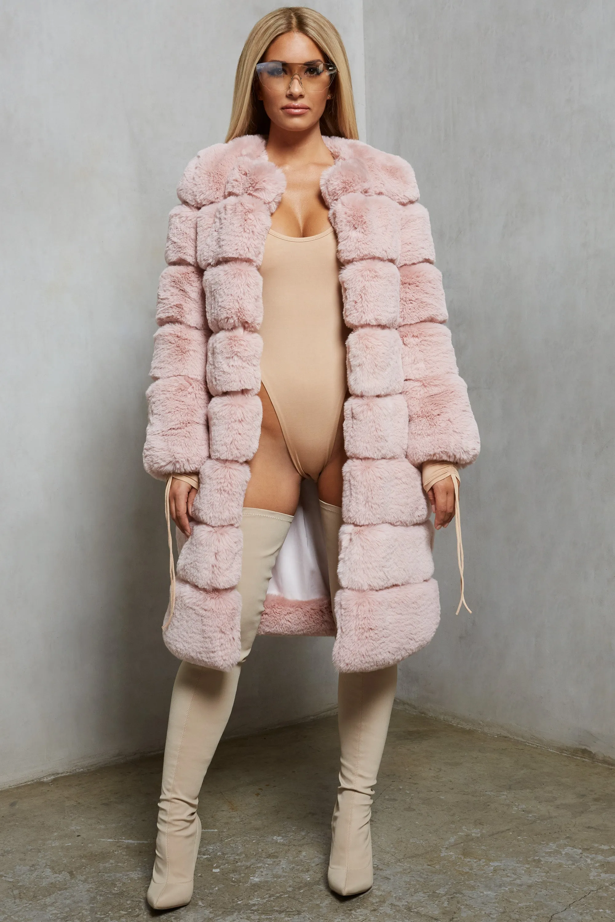 Executive Longline Panel Faux Fur Coat in Blush