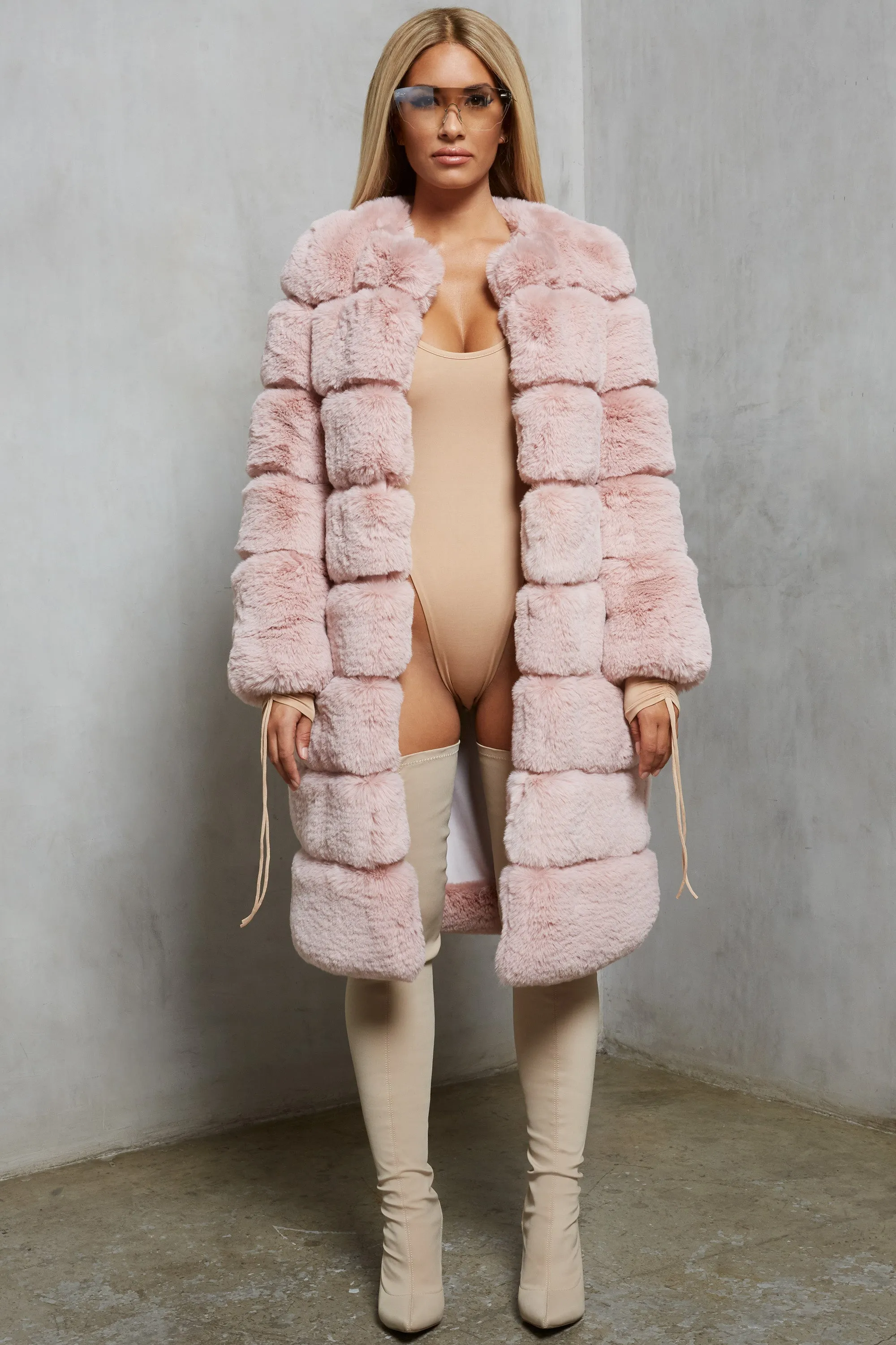 Executive Longline Panel Faux Fur Coat in Blush