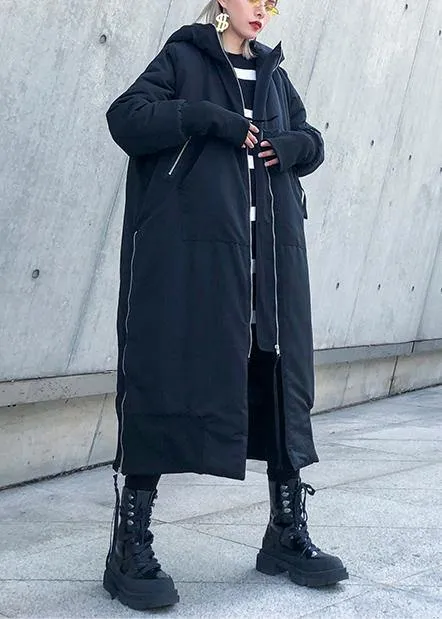 Fine black winter parkas oversize hooded zippered winter coats