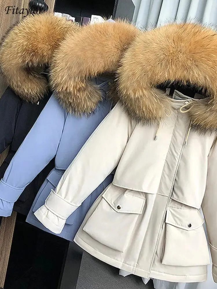 Fitaylor Winter Jacket Women Large Natural Fox Fur White Duck Down Coat Thick Parkas Warm Sash Tie Up Zipper Down Snow Outerwear