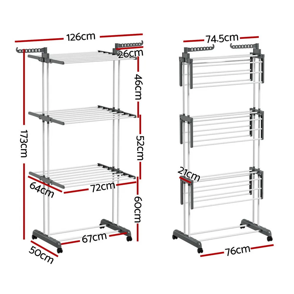 Foldable 3-Tier Clothes Drying Rack with Wheels - Artiss