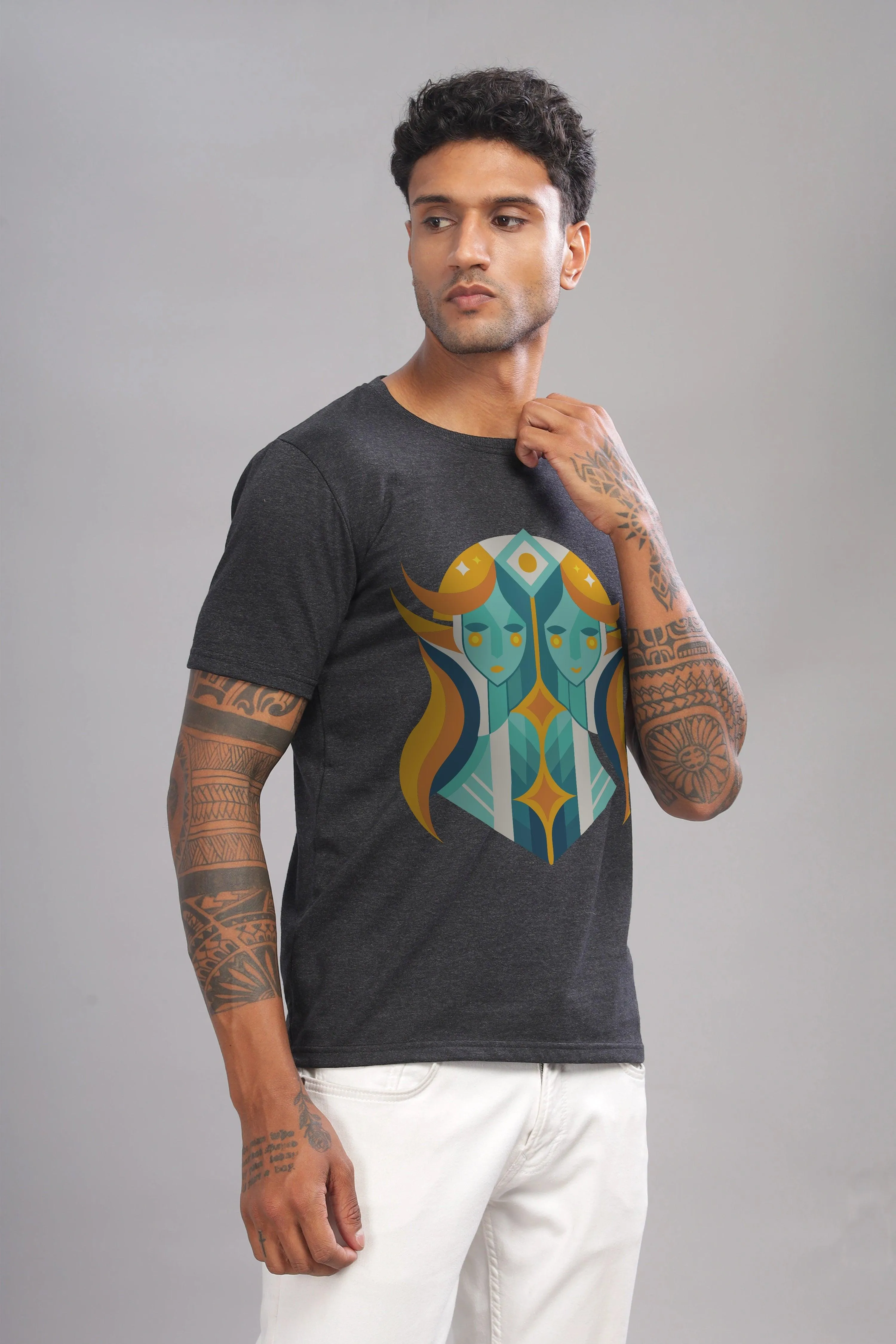 Gemini Guru Charcoal Half Sleeve Printed Round Neck T-Shirt