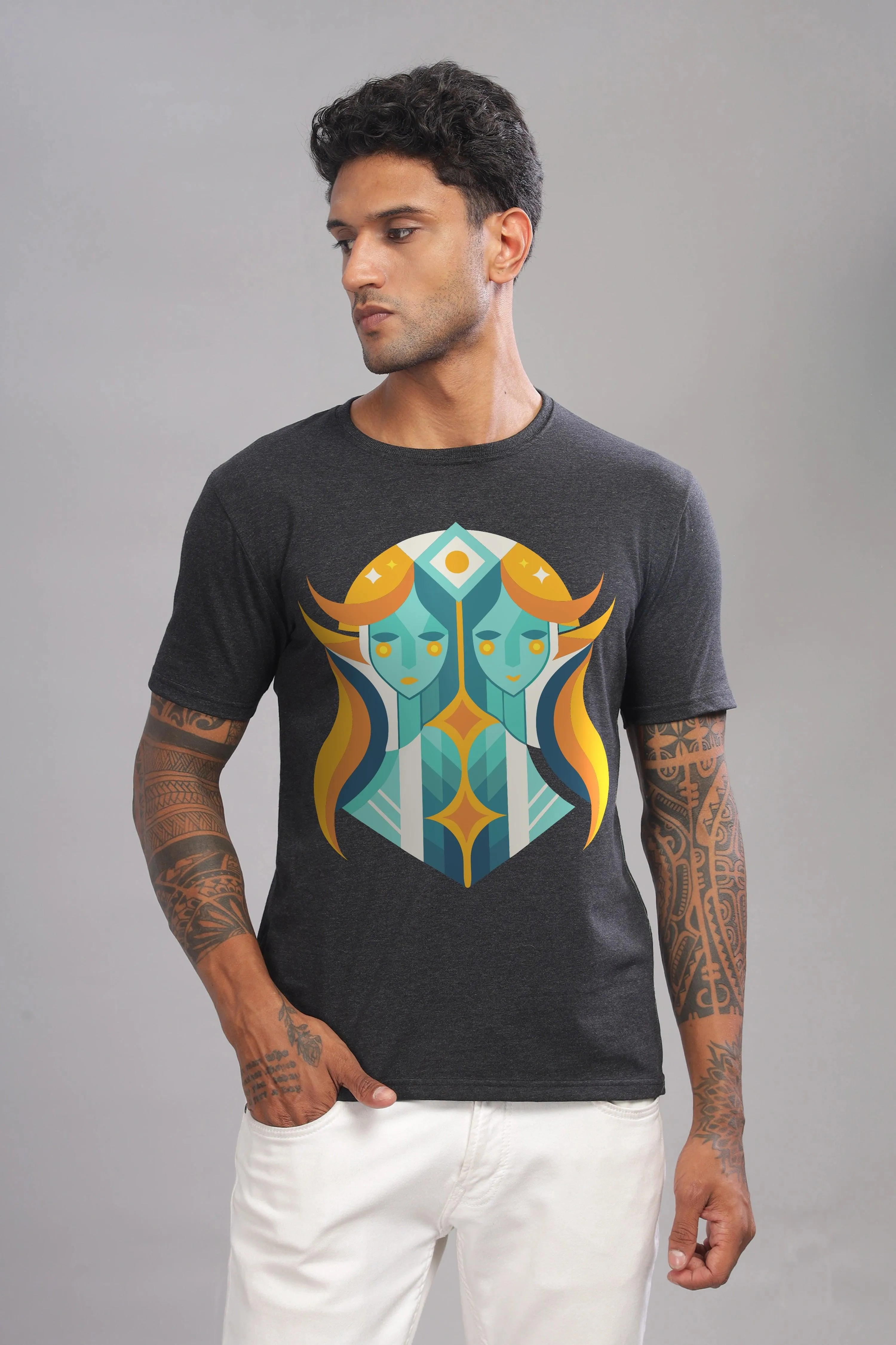 Gemini Guru Charcoal Half Sleeve Printed Round Neck T-Shirt