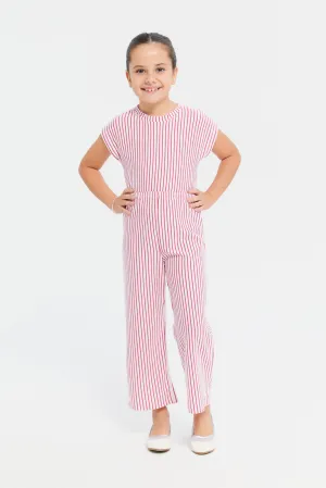 Girls White And Red Striped Jumpsuit