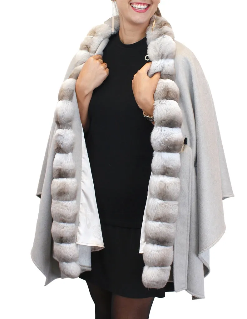 GRAY CASHMERE CAPE/PONCHO WITH BEIGE CHINCHILLA FUR TRIM