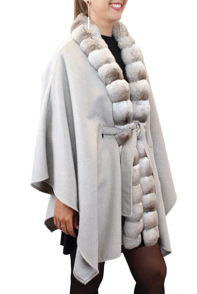 GRAY CASHMERE CAPE/PONCHO WITH BEIGE CHINCHILLA FUR TRIM