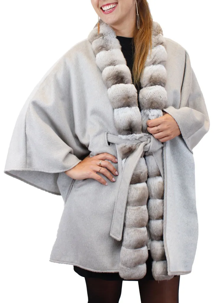 GRAY CASHMERE CAPE/PONCHO WITH BEIGE CHINCHILLA FUR TRIM