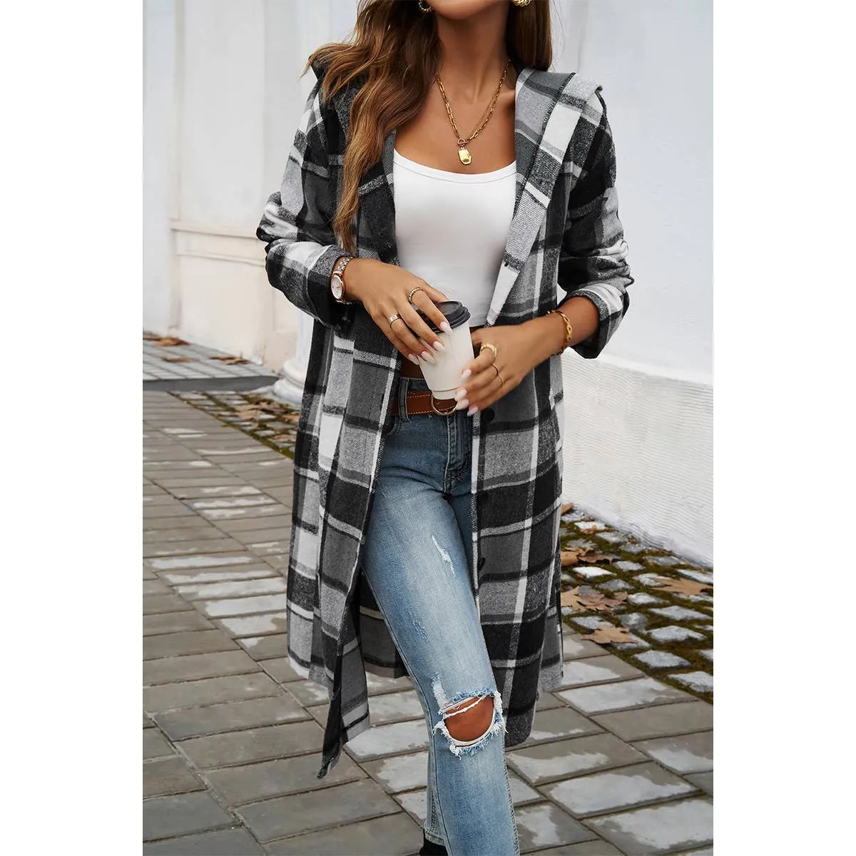 Hooded Flannel Trench Coat - Grey Plaid