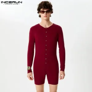 INCERUN 2024 Sexy Men Rompers Open Front Solid Knitted Long Sleeved Jumpsuits Male Hot Selling O-Neck Flat Angle Bodysuits S-5XL