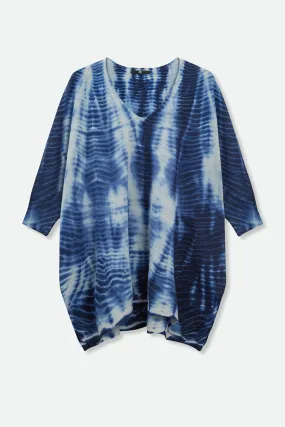 IRINA V NECK PONCHO IN SHIBORI DYED PURE CASHMERE ROYAL BLUE