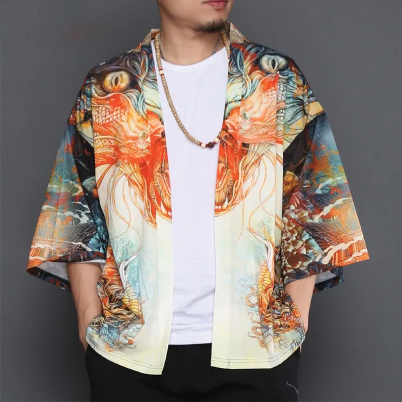 Japanese Kimono Style with Cruel Animal Eyes Print Pattern Men Outer