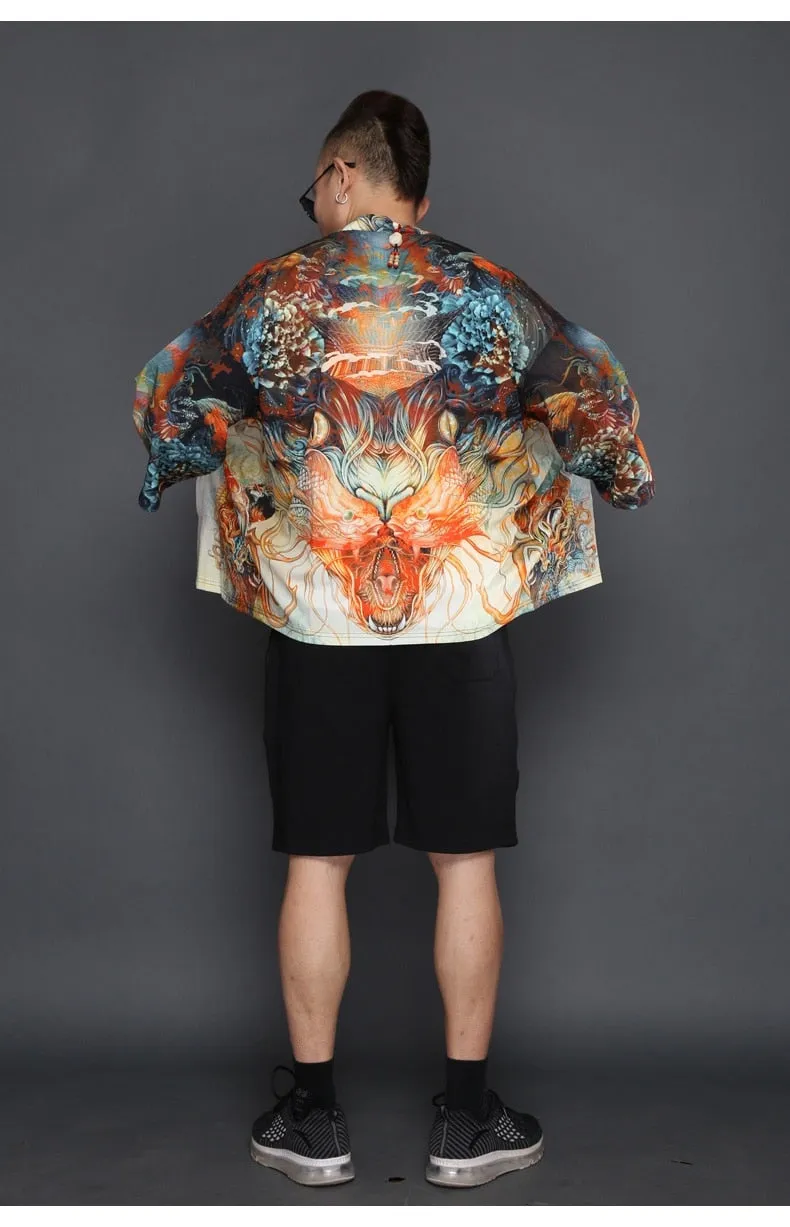 Japanese Kimono Style with Cruel Animal Eyes Print Pattern Men Outer