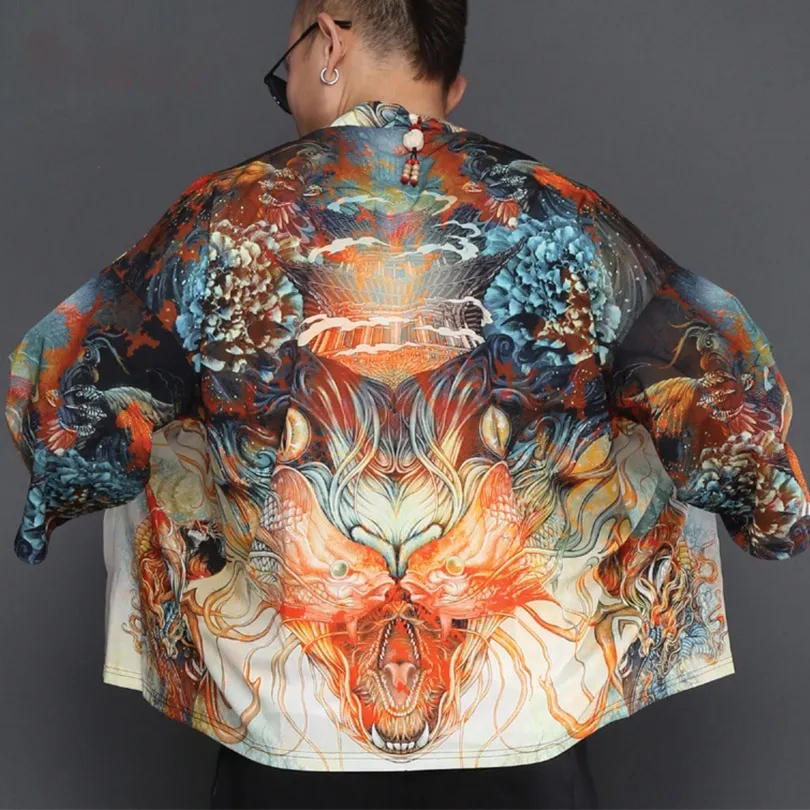 Japanese Kimono Style with Cruel Animal Eyes Print Pattern Men Outer