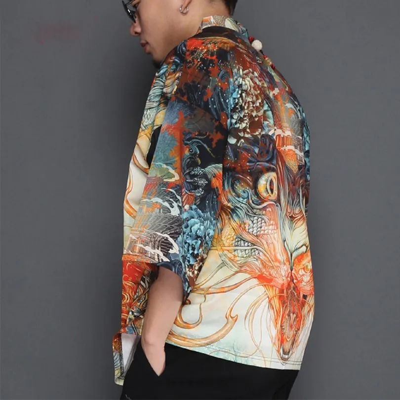 Japanese Kimono Style with Cruel Animal Eyes Print Pattern Men Outer