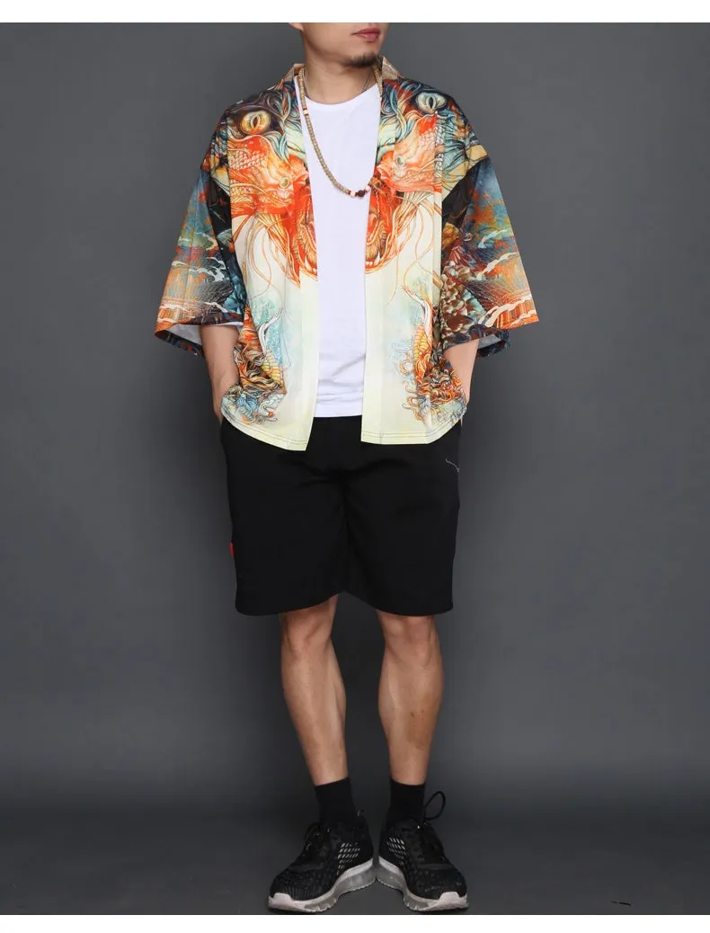 Japanese Kimono Style with Cruel Animal Eyes Print Pattern Men Outer