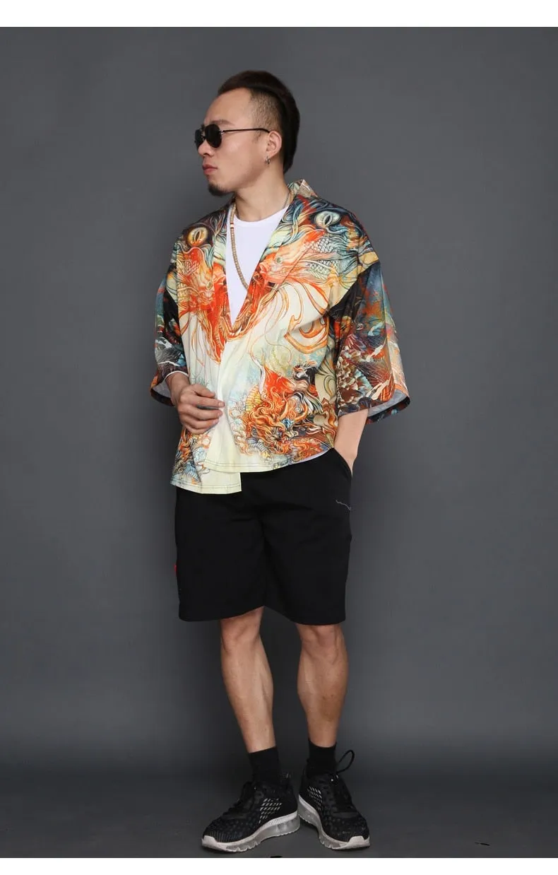 Japanese Kimono Style with Cruel Animal Eyes Print Pattern Men Outer