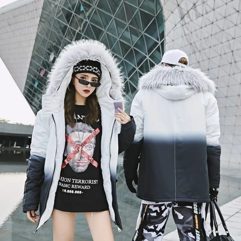 Jinquedai Winter Warm Gradient Parkas Men Women Streetwear Thick Jackets Coat Fashion Harajuku Hoody Fur Collar Coats