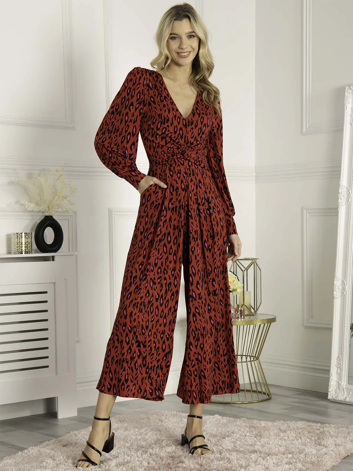 Jolie Moi Gael Long Sleeve Jumpsuit, Red Animal