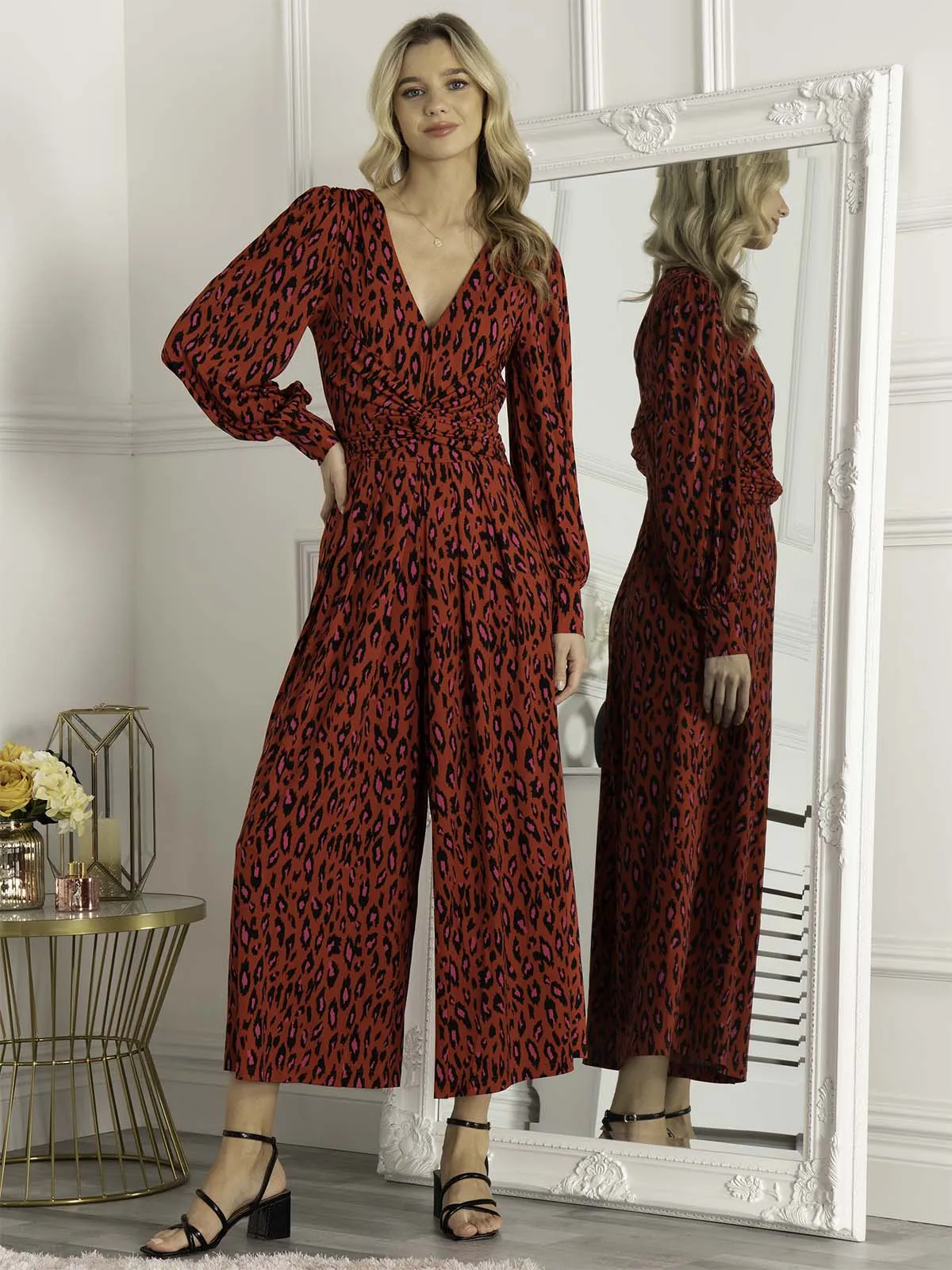 Jolie Moi Gael Long Sleeve Jumpsuit, Red Animal