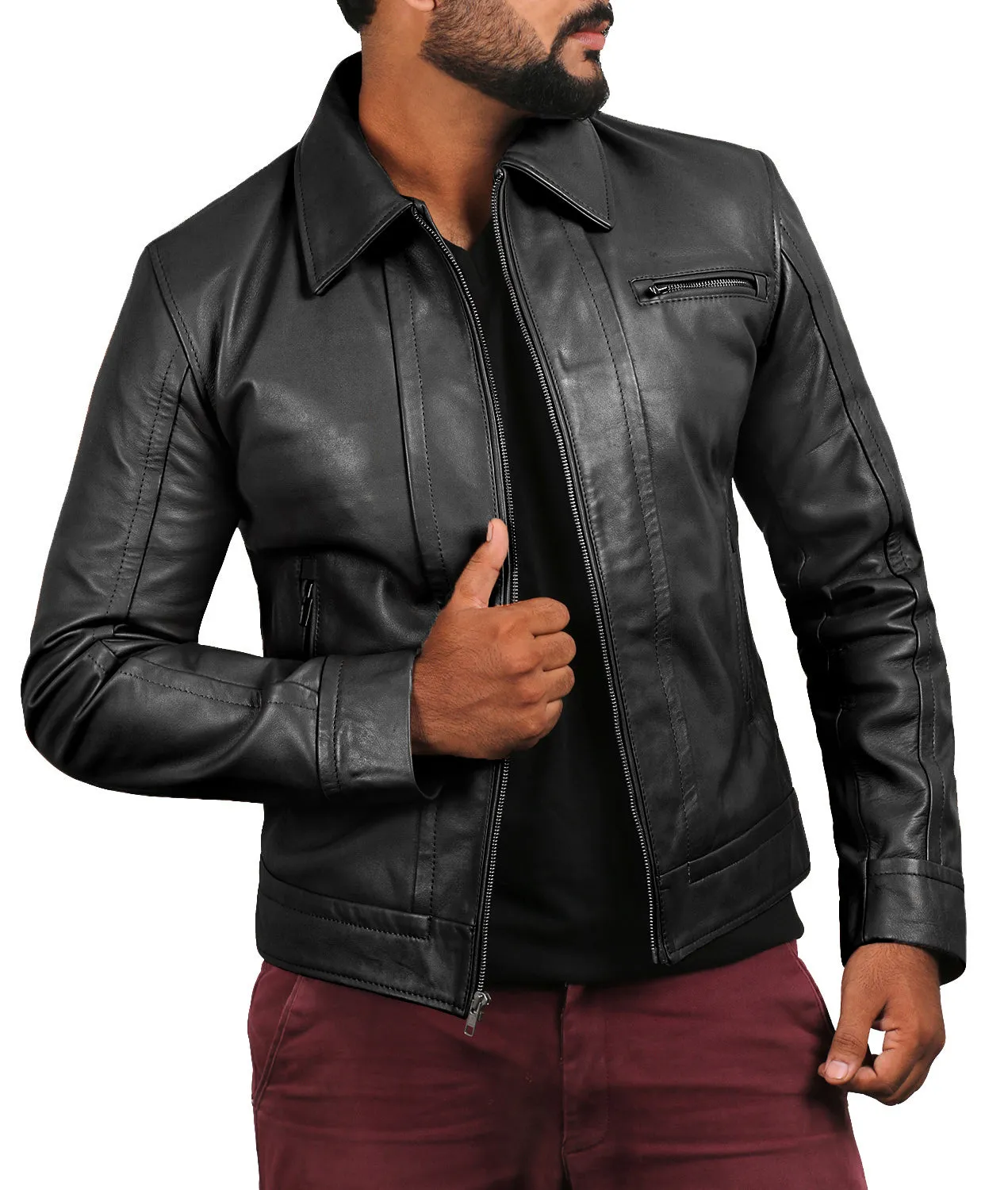 Leather Jackets Hub Mens Genuine Lambskin Leather Jacket (Black, Aviator Jacket) - 1501214