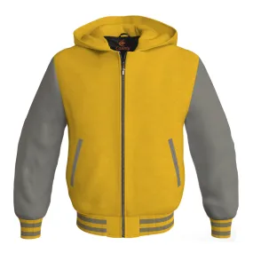 Letterman Bomber Hoodie Jacket Yellow/Gold Body Gray Leather Sleeves