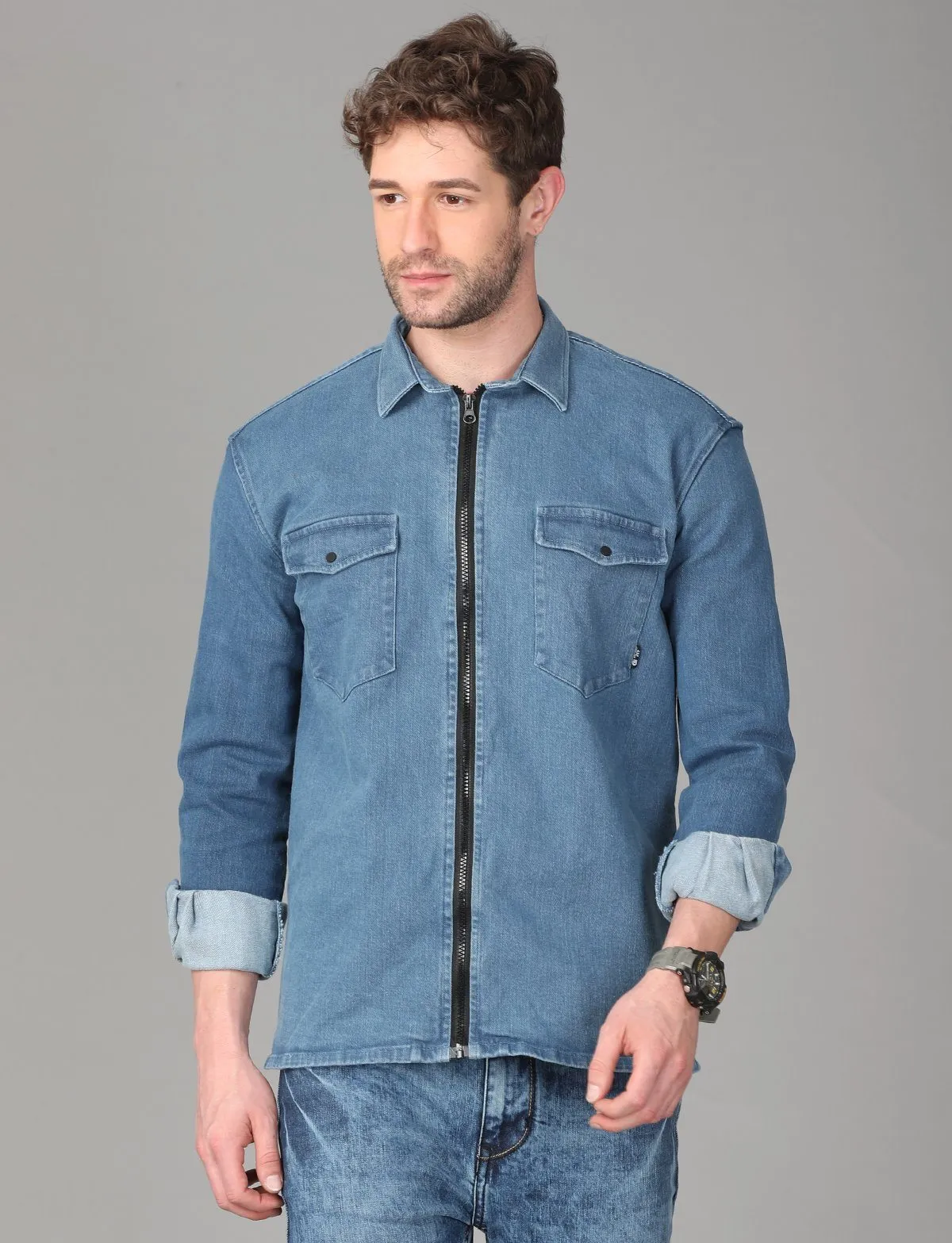 Light Blue Denim Zipper Jacket