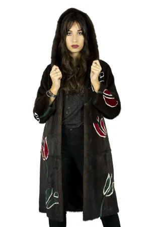 Long coat in mink with Floral Inlays in mink Shaved