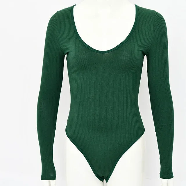 Long Sleeve Rib Knitted Solid Casual Lady Jumpsuit Bodysuit