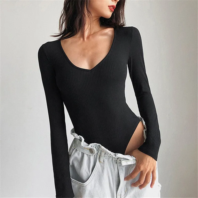 Long Sleeve Rib Knitted Solid Casual Lady Jumpsuit Bodysuit