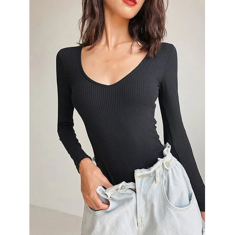 Long Sleeve Rib Knitted Solid Casual Lady Jumpsuit Bodysuit