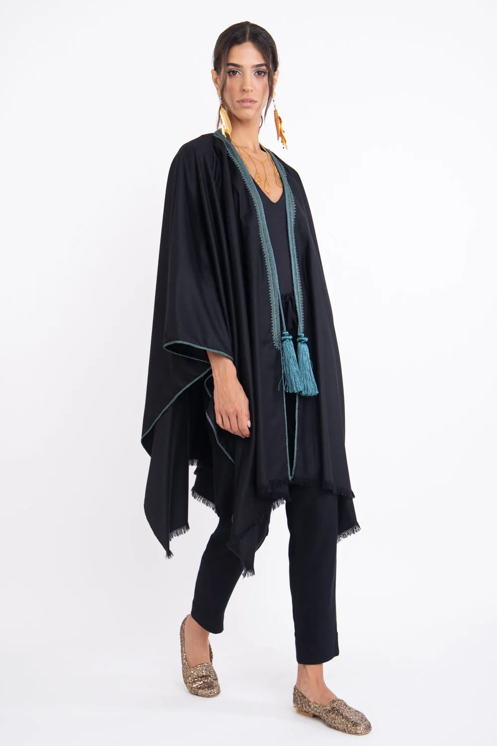 Loro Piana Cashmere Black & Teal Poncho