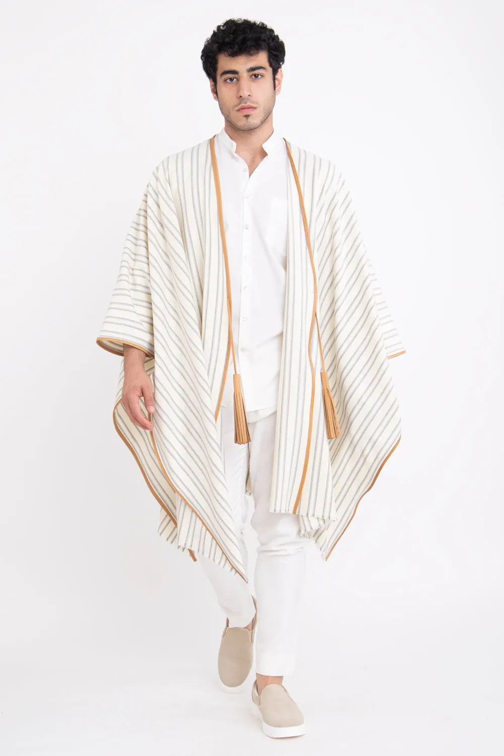 Loro Piana Wool Ivory & Leather Poncho