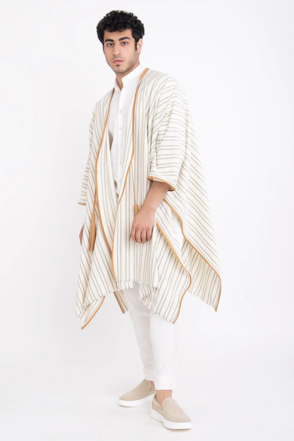 Loro Piana Wool Ivory & Leather Poncho