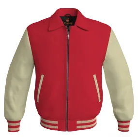 Luxury Bomber Classic Jacket Red Body and Cream Leather Sleeves