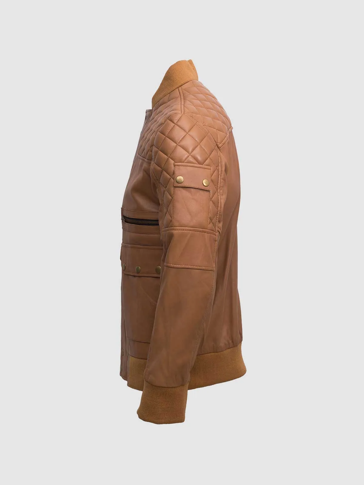 Men Tan Bomber Leather Quilted Jacket - Abbronzatura