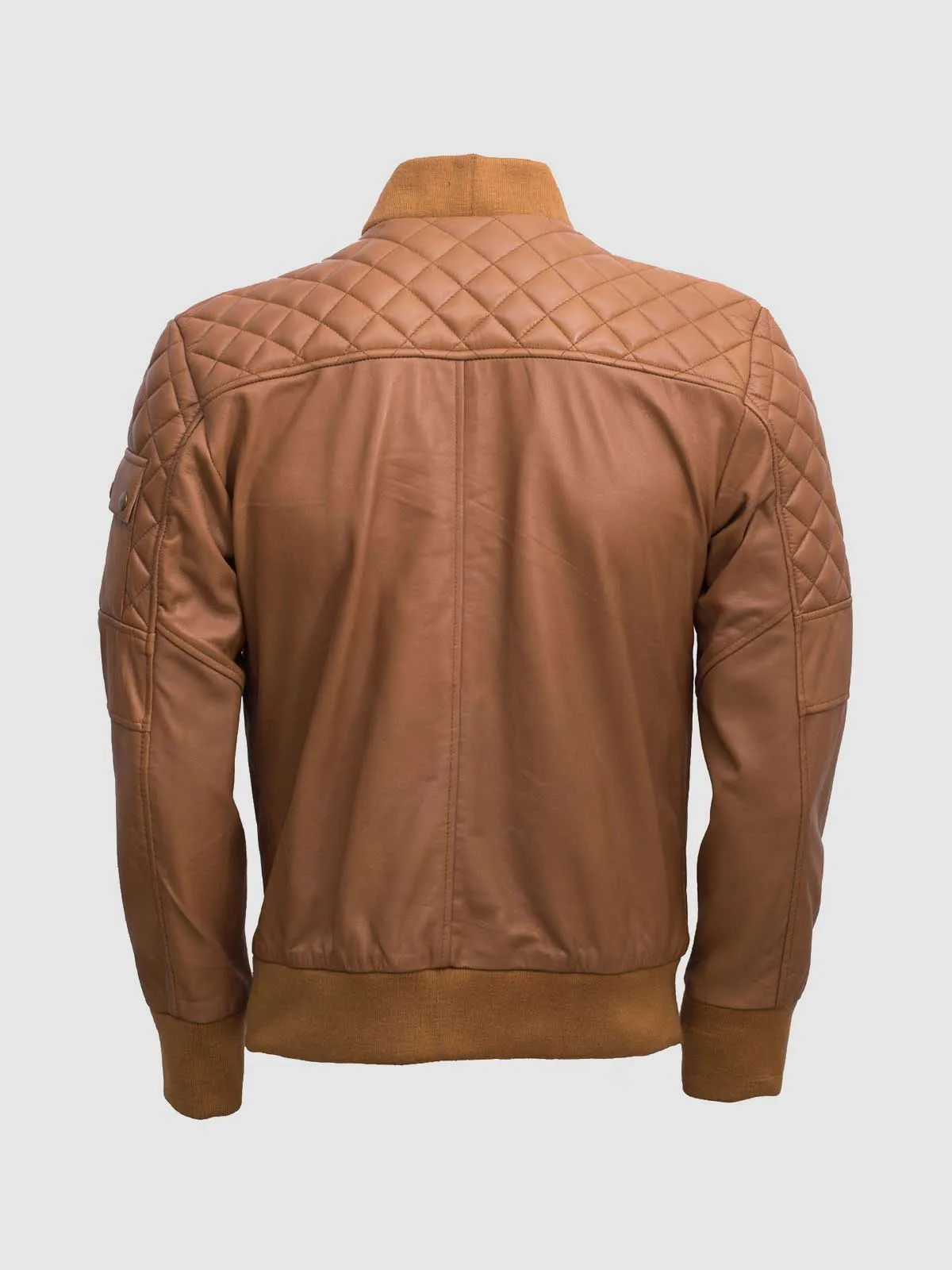 Men Tan Bomber Leather Quilted Jacket - Abbronzatura