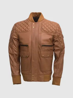 Men Tan Bomber Leather Quilted Jacket - Abbronzatura