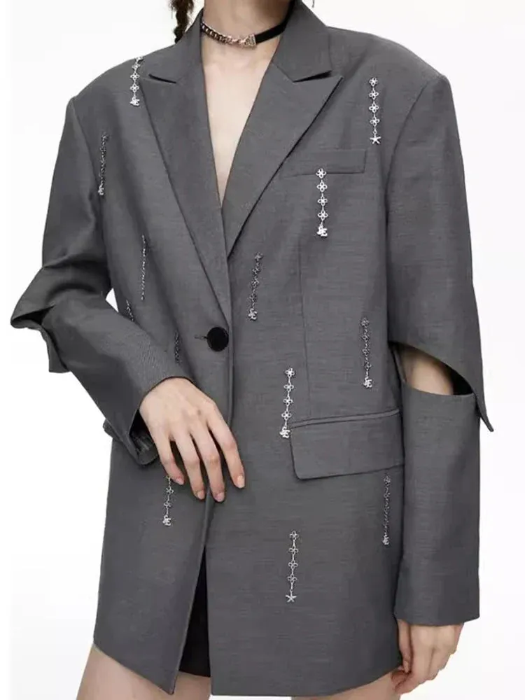 Metaversmall Hollow Out Patchwork Chain Chic Blazers For Women Notched Collar Long Sleeve Spliced Button Minimalist Coat Female Fashion