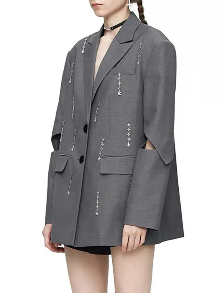 Metaversmall Hollow Out Patchwork Chain Chic Blazers For Women Notched Collar Long Sleeve Spliced Button Minimalist Coat Female Fashion