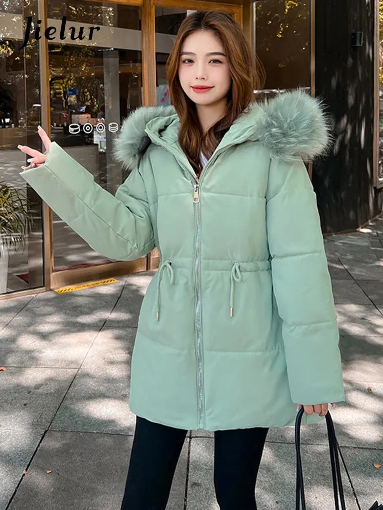 Metaversmall Thicken Slim-waist Cotton Jacket for Women Korean Winter Warm Mid Length Woman Parkas Fur Hooded White Coat Female M-XXL