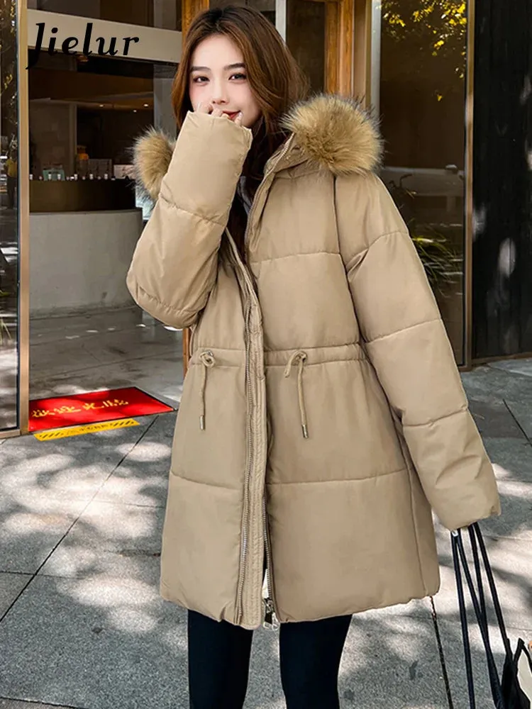 Metaversmall Thicken Slim-waist Cotton Jacket for Women Korean Winter Warm Mid Length Woman Parkas Fur Hooded White Coat Female M-XXL