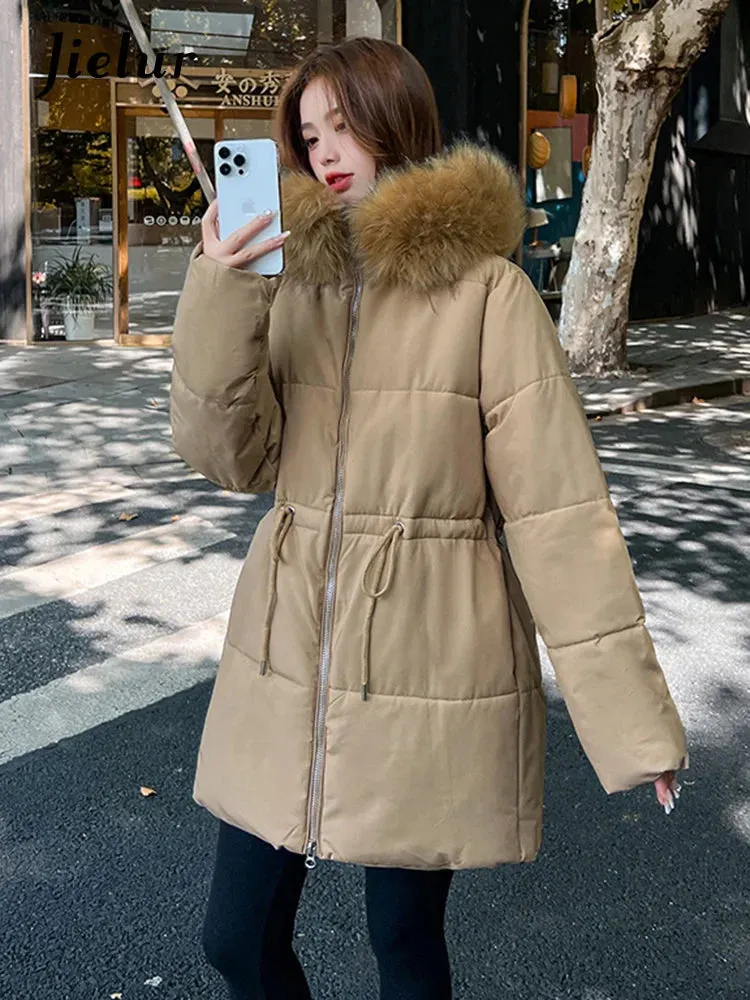 Metaversmall Thicken Slim-waist Cotton Jacket for Women Korean Winter Warm Mid Length Woman Parkas Fur Hooded White Coat Female M-XXL